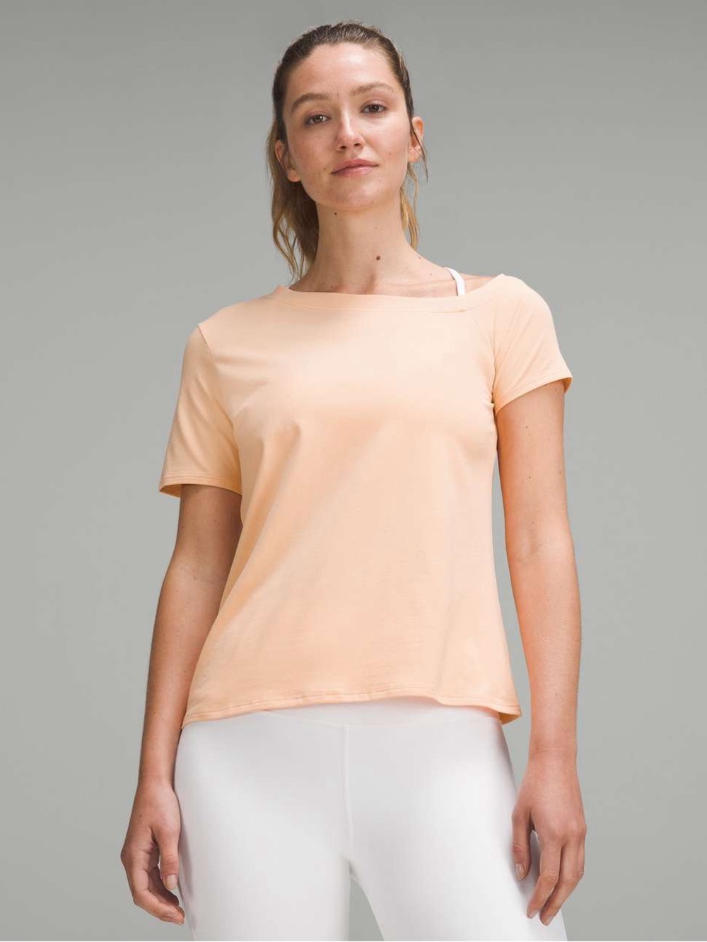 Lululemon Off-The-Shoulder Cotton T-Shirt
- Peach Bellini Short Sleeve Top
